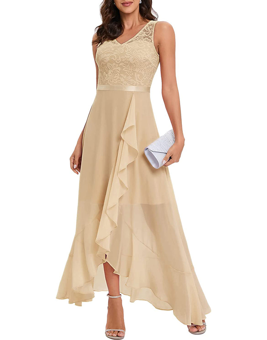 Meetjen Prom Dress for Women Long Lace Chiffon Ruffle Asymmetrical Hem  A-line Formal Wedding Guest Dress – meetjen