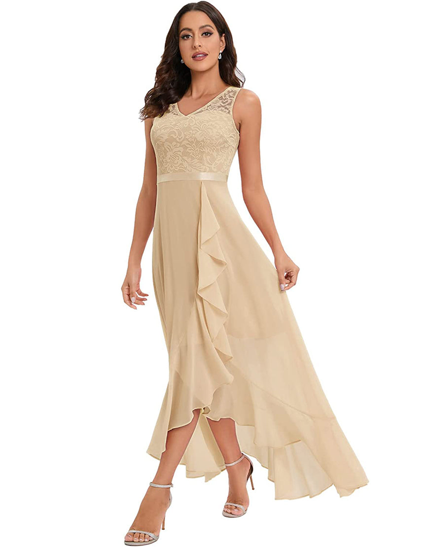 Meetjen Prom Dress for Women Long Lace Chiffon Ruffle Asymmetrical Hem  A-line Formal Wedding Guest Dress – meetjen